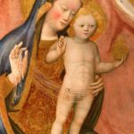 Bei dieser Madonna, war wohl später mal jemand die Nacktheit des Kindes nicht mehr recht. Der Schleier wirkt jedenfalls nicht so, als ob er schon immer dazugehört hätte. Präsentation von Jesus im Tempel Michelino, Leonardo da Besozzo Zweite Hälfte des 15. Jahrhunderts