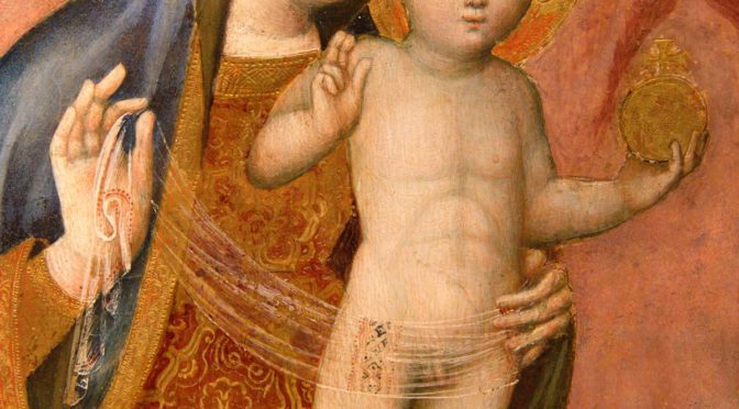 Bei dieser Madonna, war wohl später mal jemand die Nacktheit des Kindes nicht mehr recht. Der Schleier wirkt jedenfalls nicht so, als ob er schon immer dazugehört hätte. Präsentation von Jesus im Tempel Michelino, Leonardo da Besozzo Zweite Hälfte des 15. Jahrhunderts