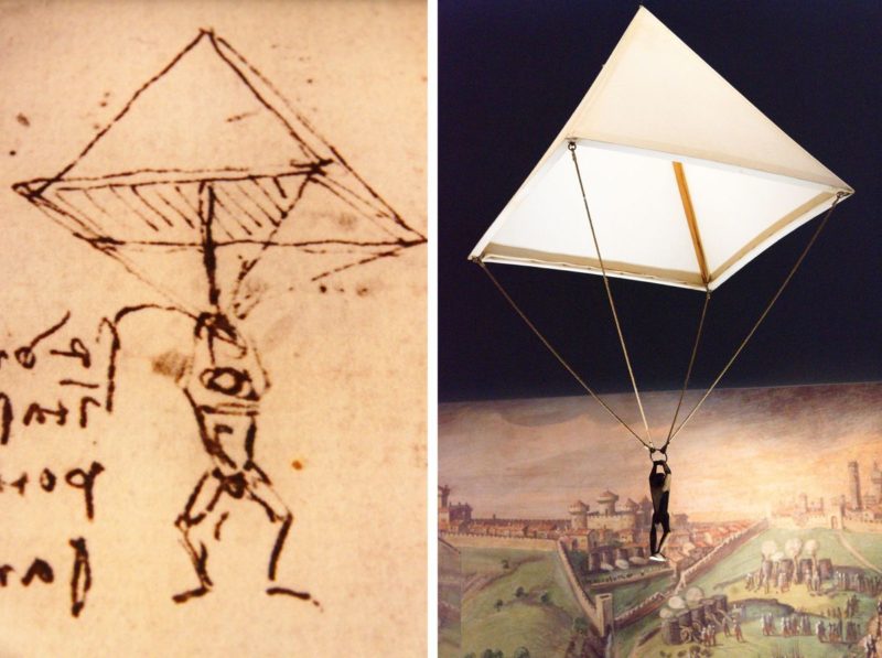 Studie eines Fallschirms von Leonardo da Vinci aus dem Jahr 1485 und Nachbau durch die Italian Air Force aus dem Jahr 1953