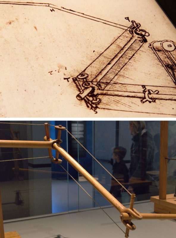 Studie zu einem Flügel mit verstellbarer Neigung von Leonardo da Vinci aus den Jahren 1495-96 und Nachbau durch die Italian Air Force 1953