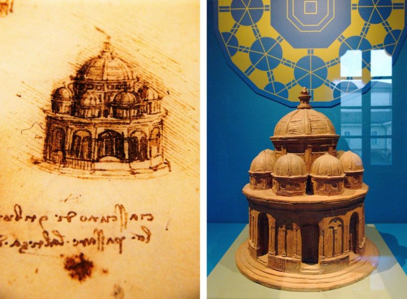 Entwurf einer Kirche mit neun Kuppeln von Leonardo da Vinci von 1487-90 und Umsetzung in Keramik von 1953