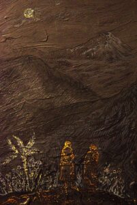 Gemalte nächtliche bergigie Landschaft mit Vollmond. Zwei Menschen betrachten den Mond.