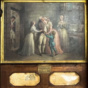 Während der französischen Revolution wurde die Eglise Sainte Elisabeth geschlossen. Gleich nebenan im Tour du Temple wurde die königliche Familie inhaftiert. Dieses Gemälde in der Kirche zeigt, wie sich Louis XVI vor seiner Hinrichtung von seiner Familie verabschiedet.